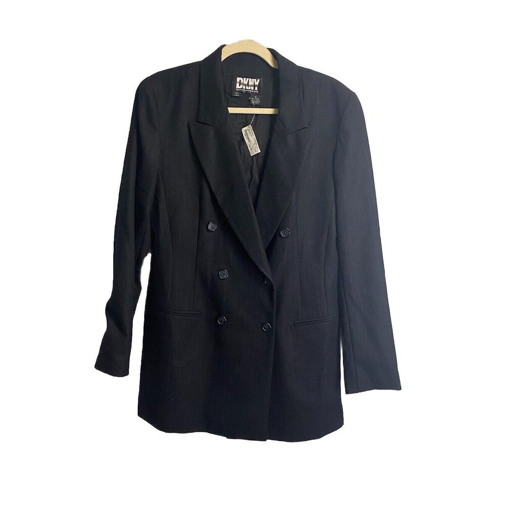 New Vintage DKNY 100% Wool Double Breasted Overcoat Black Pinstripe Size 8